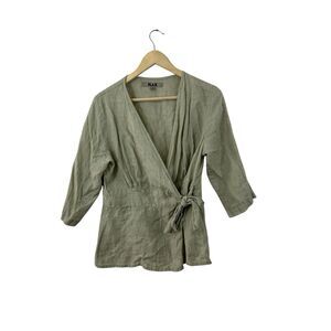 FLAX Small Top Linen Brown Tie Waist 1/2 Sleeve Deep V-Neck Shirt Earthy Womens